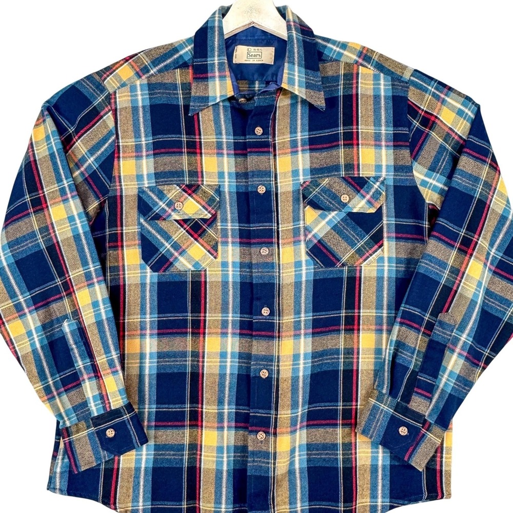 Vintage Sears Shirt Men Large Blue Plaid Lined Flannel Long Sleeve Korea Acrylic
